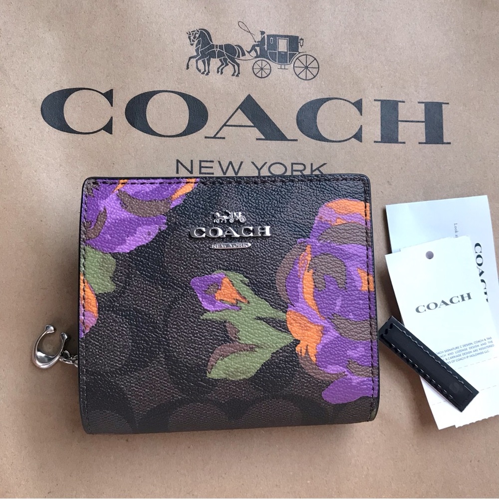 🌸 Coach Snap Wallet In Signature Canvas With Rose Print - Picture 3 of 11
